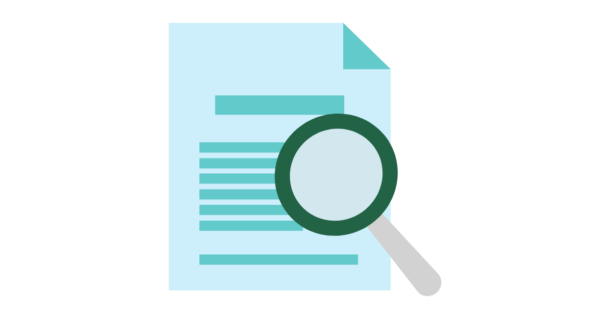 A light blue page with turquoise writing with a magnifying glass on top.